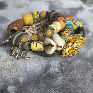 African Trade Beads, Gemstone Memory Wire Bracelet